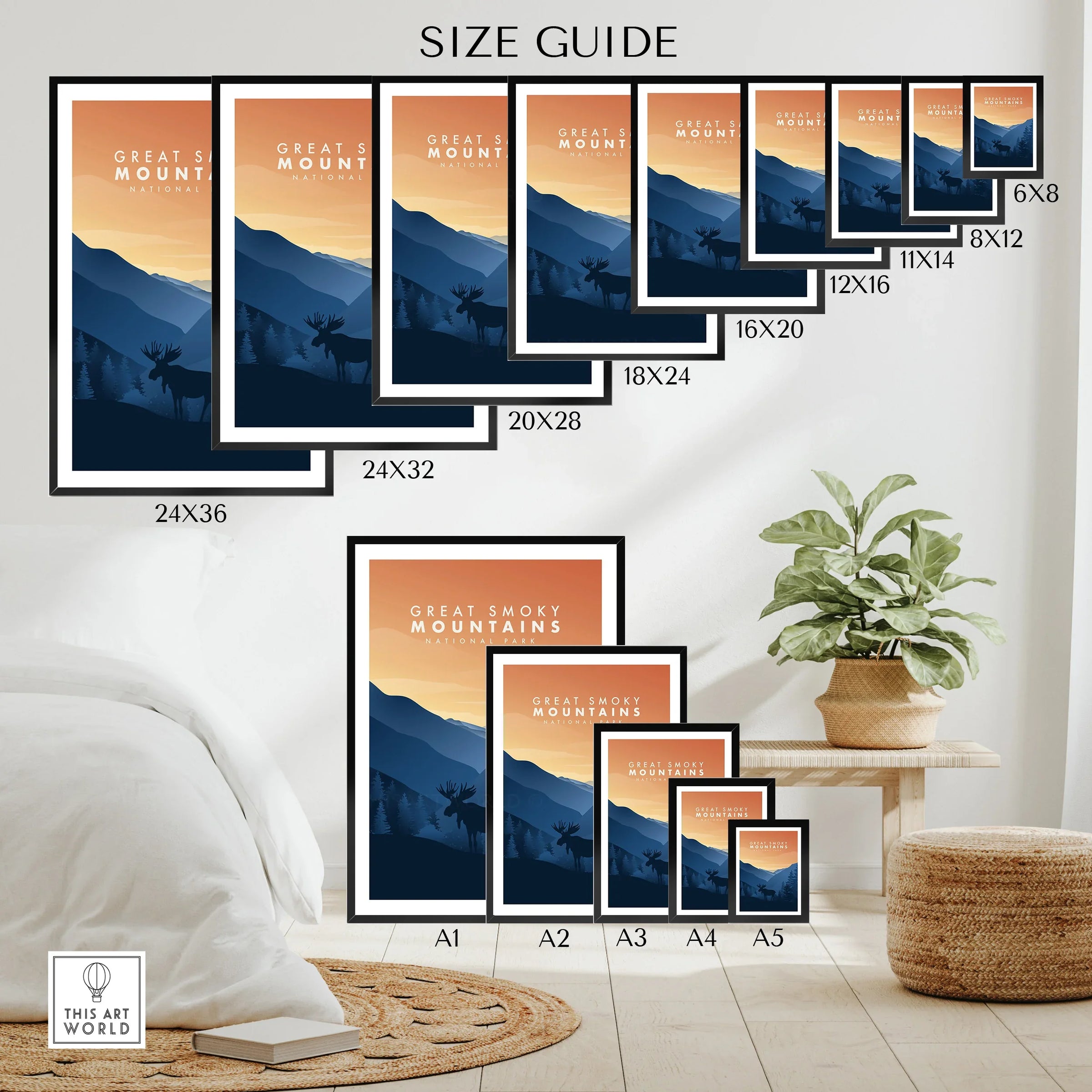 Great Smoky Mountains National Park wall art poster size guide with mountain silhouette and moose.