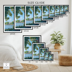 Wall art poster size guide showing various Greenwich travel print sizes in a modern room.