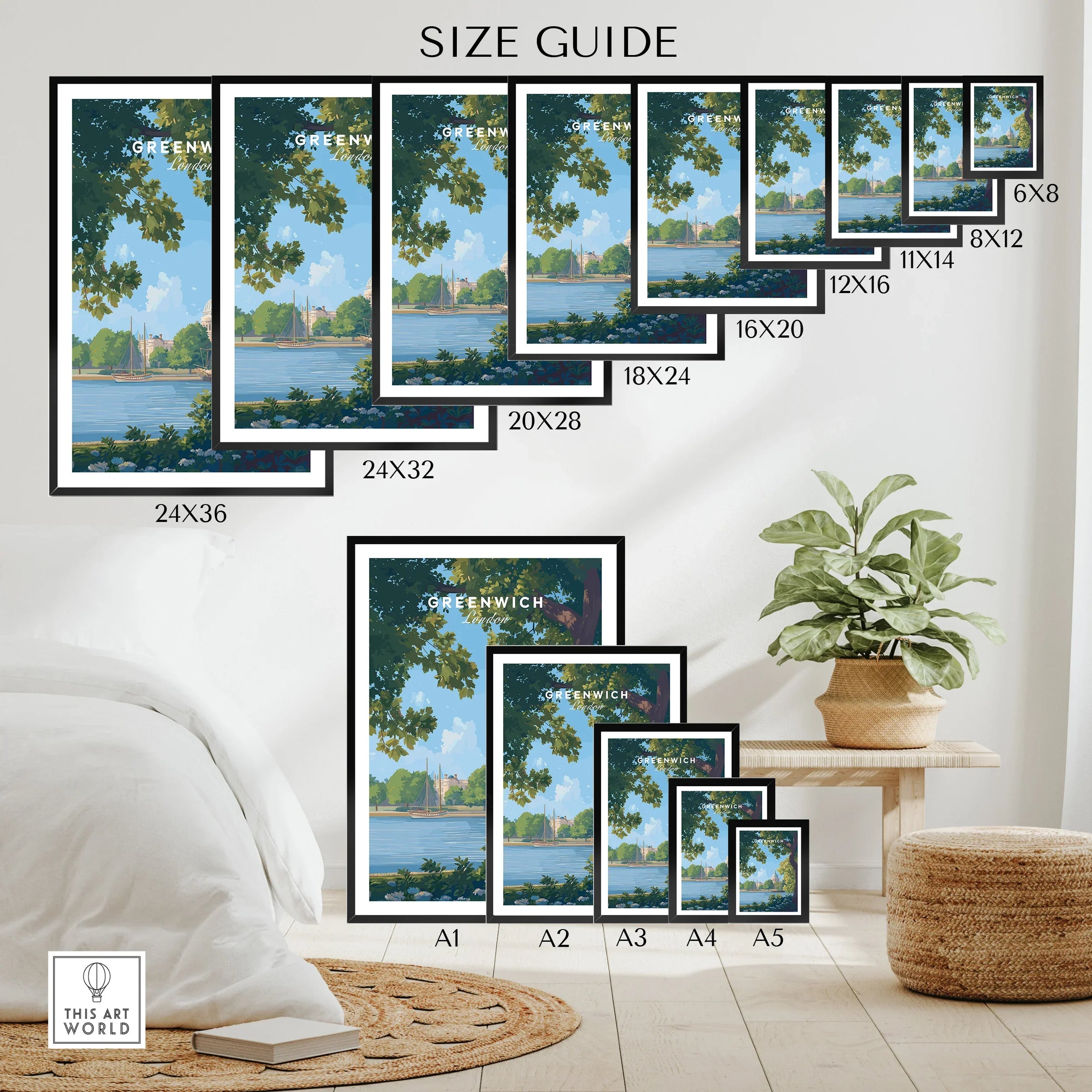 Wall art poster size guide showing various Greenwich travel print sizes in a modern room.
