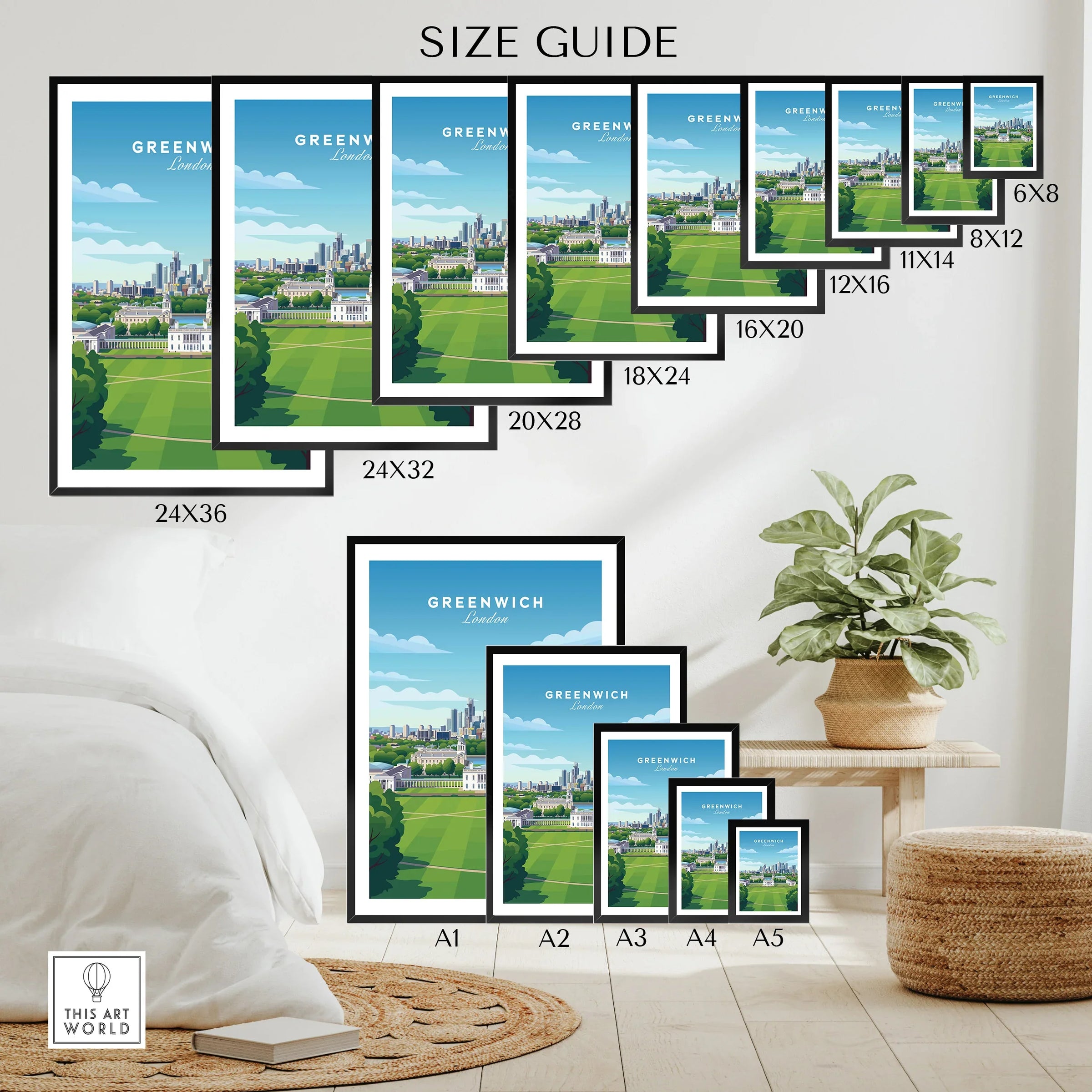 Greenwich London travel poster wall art size guide with framed prints in multiple dimensions displayed in a home décor setting.