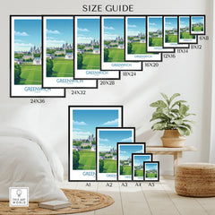 Greenwich London wall art poster size guide with cityscape print in various frame sizes