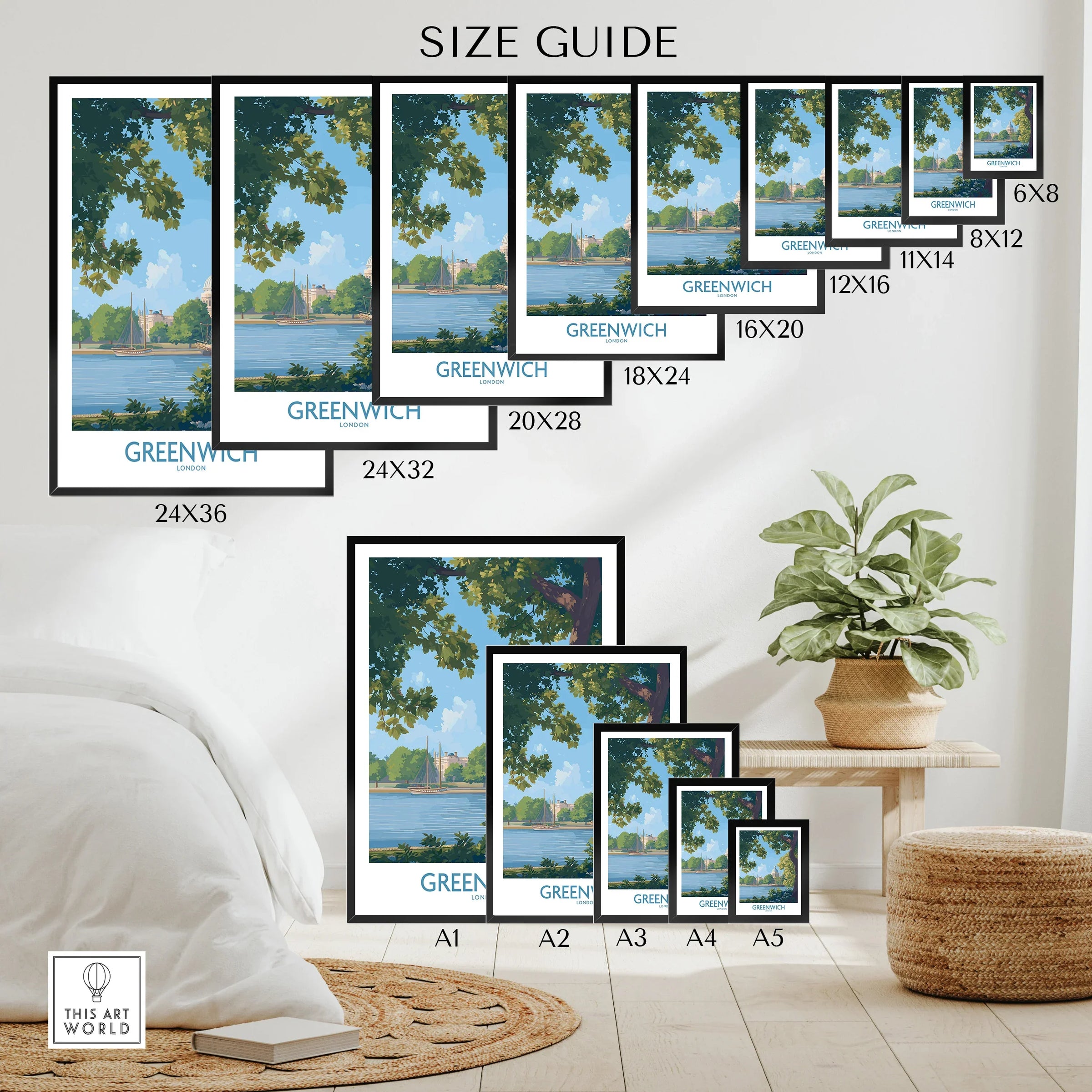 Greenwich travel poster wall art size guide displayed in modern bedroom decor setting.