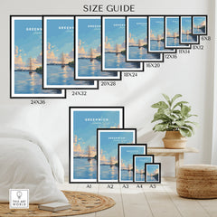 Greenwich London travel poster wall art size guide with various print options displayed in a modern room.
