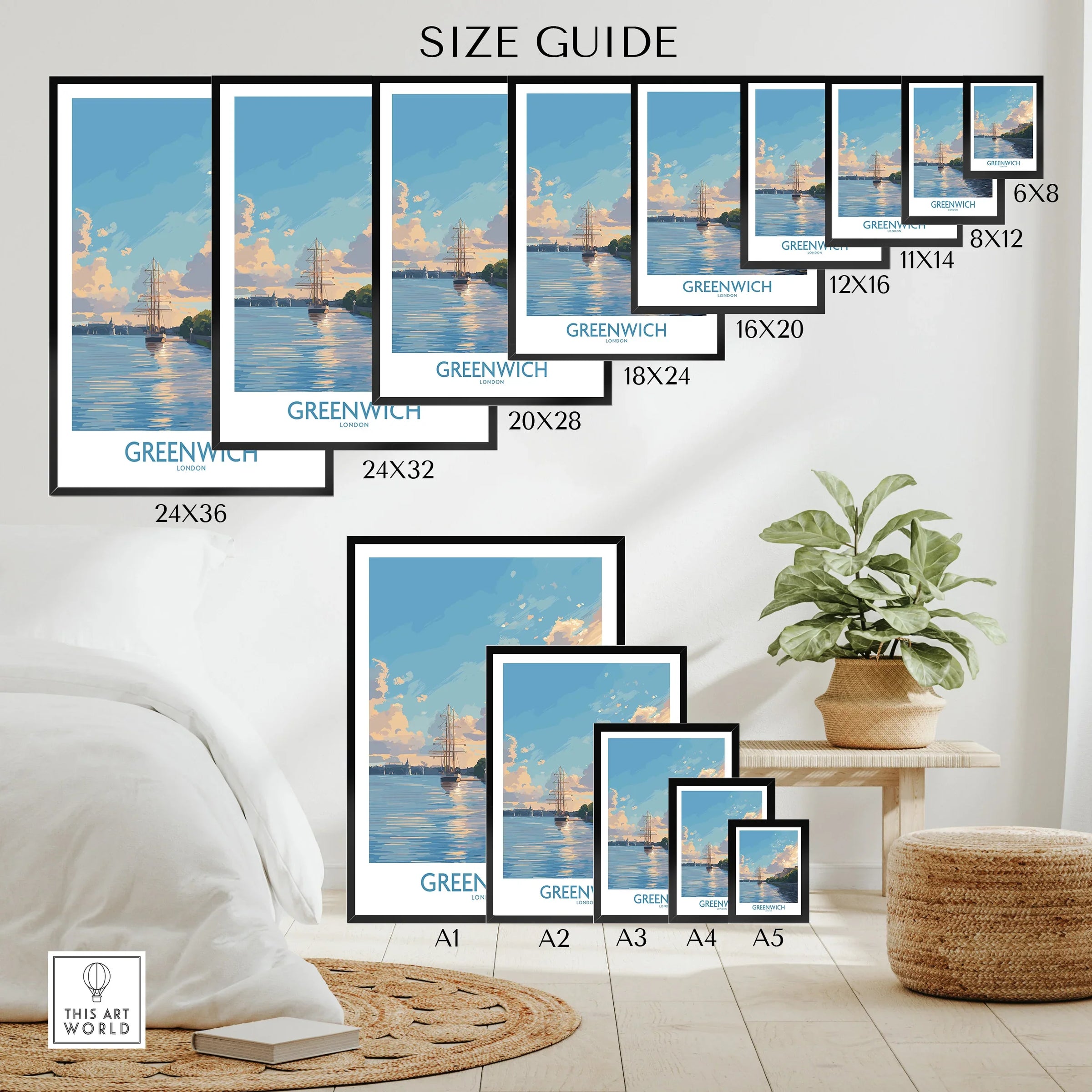 Size guide showing Greenwich London travel poster wall art in various frame sizes, displayed in bedroom decor setting.