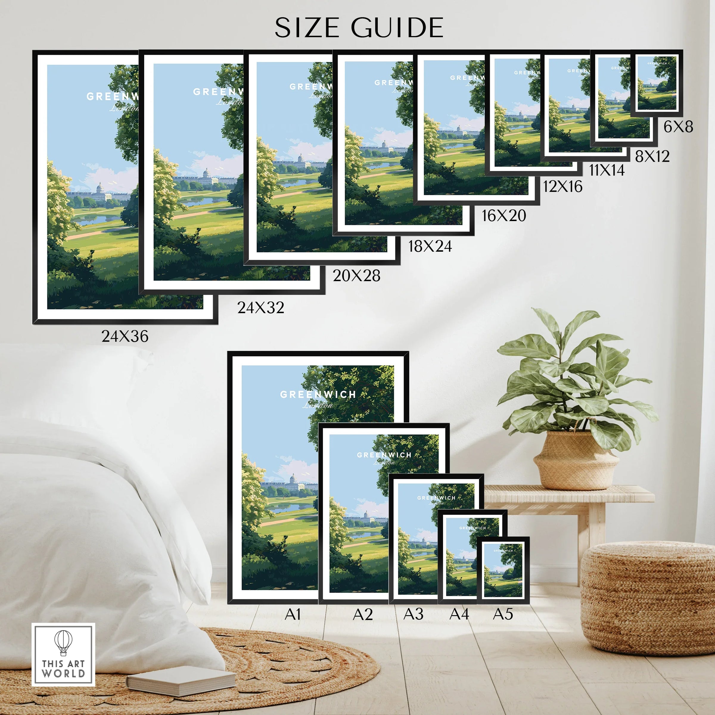 Wall art poster size guide displaying Greenwich travel print in multiple frame sizes, home decor.
