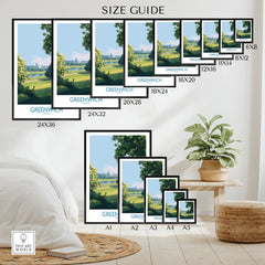 Greenwich London travel poster size guide showing multiple framed wall art options by a bed and plant.