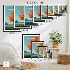 Wall art poster size guide showing Greenwich landscape artwork in various frame dimensions, modern home decor style.