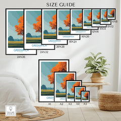 Wall art poster size guide showing Greenwich travel print in various frame sizes, modern home decor setting