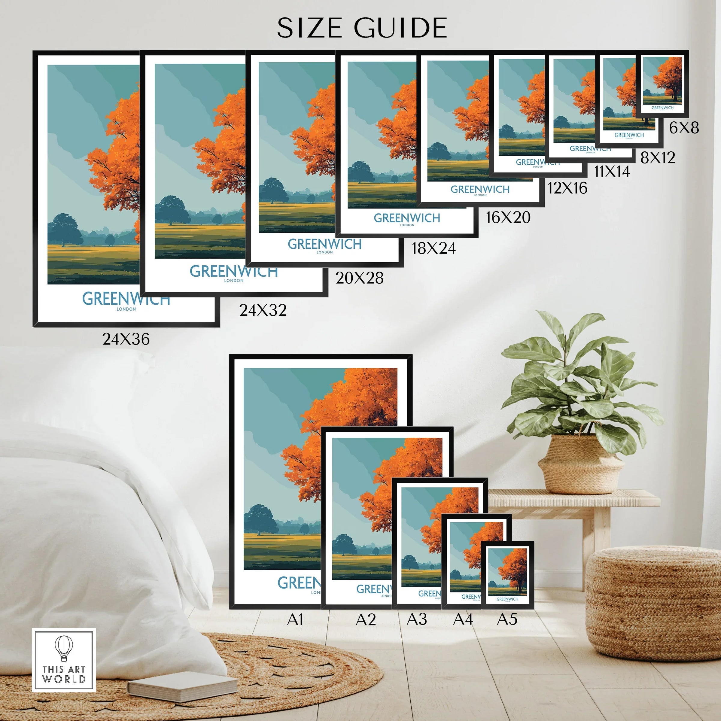 Wall art poster size guide showing Greenwich travel print in various frame sizes, modern home decor setting