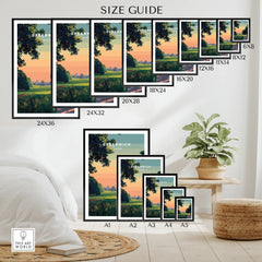 Wall art poster size guide showing Greenwich travel print in various frame dimensions on a decorated wall.