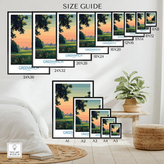Poster wall art size guide with Greenwich landscape print in multiple frame formats, bedroom decor