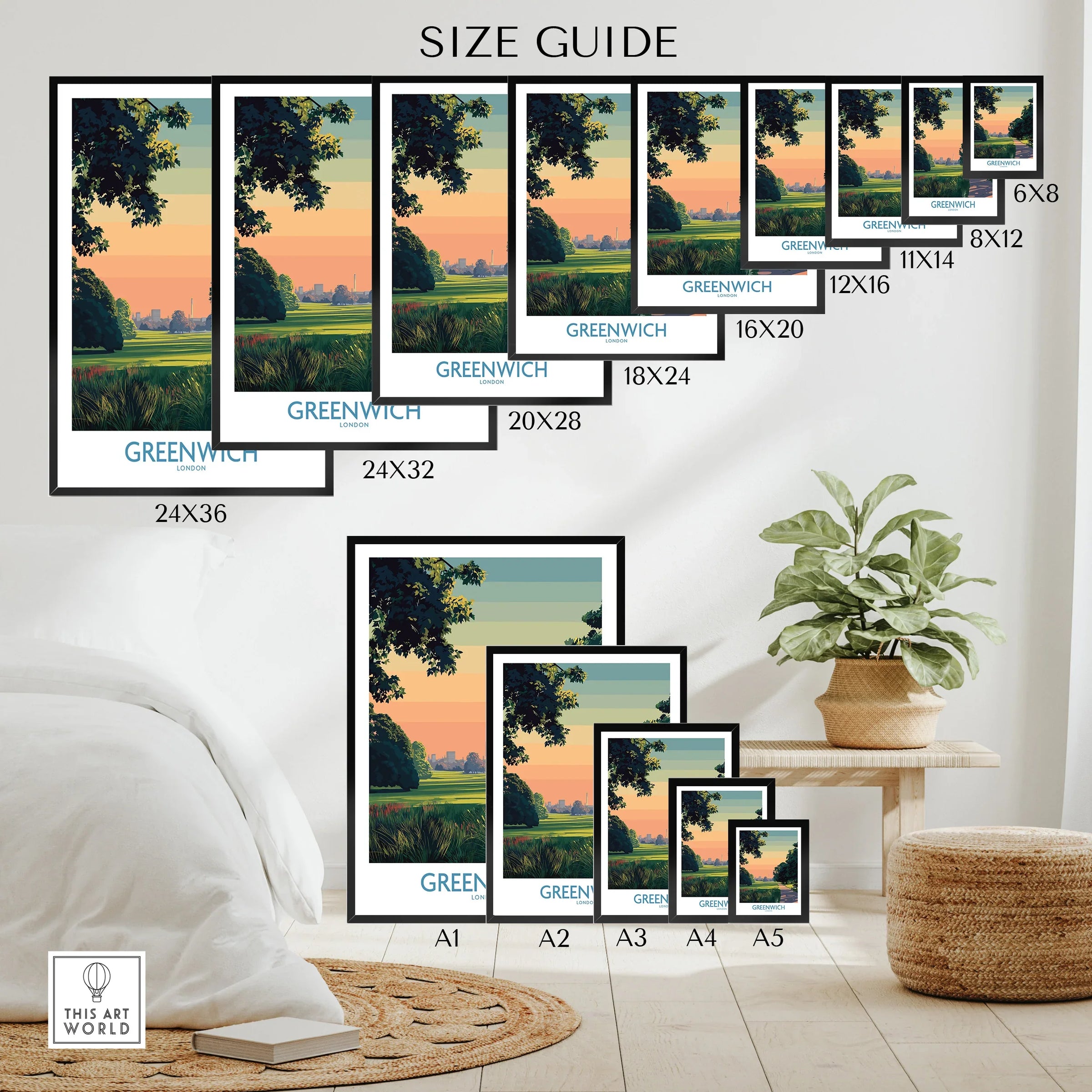 Poster wall art size guide with Greenwich landscape print in multiple frame formats, bedroom decor