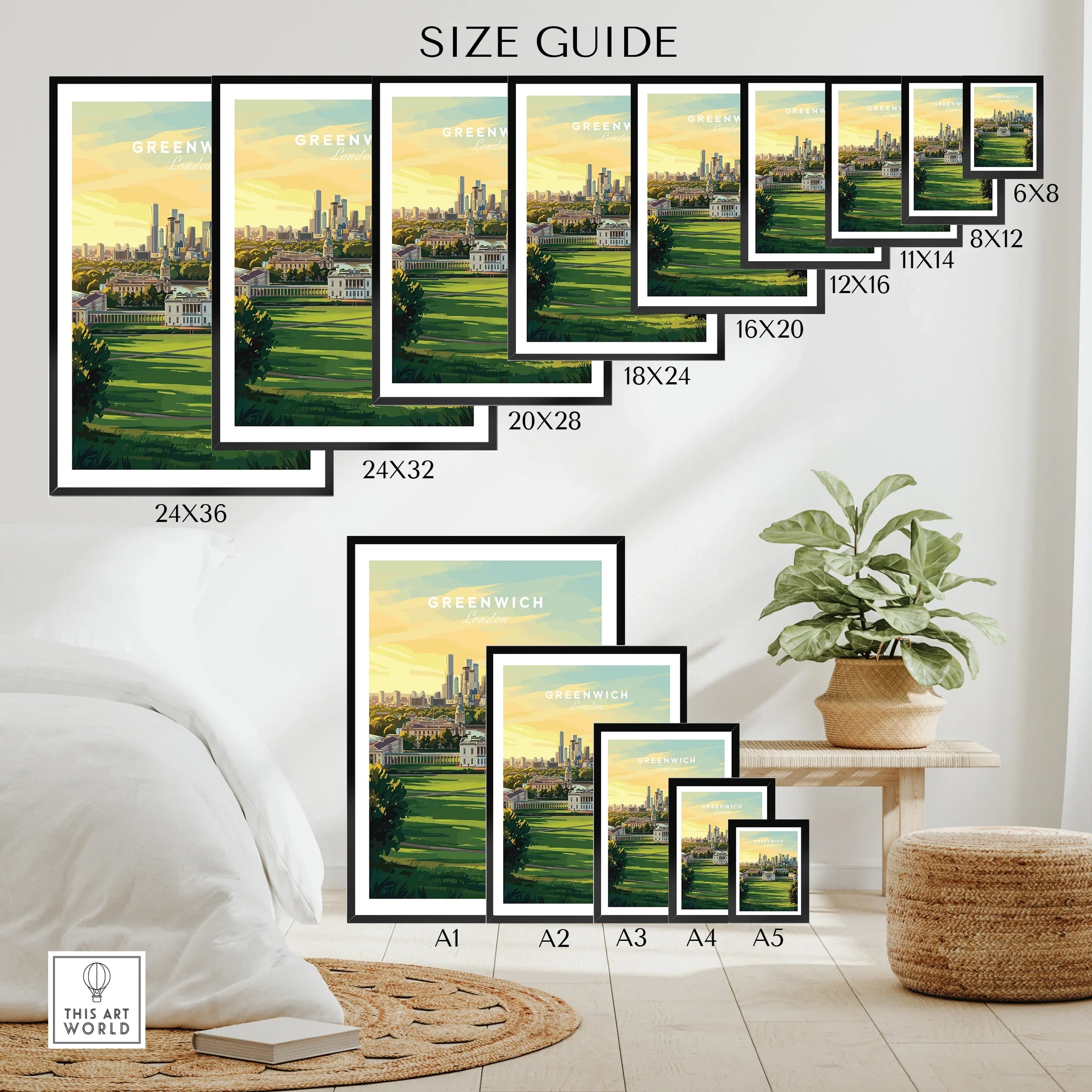 Greenwich London wall art poster size guide with multiple framed print sizes on a white wall.