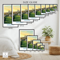 Greenwich London skyline art print size guide with various poster and print dimensions displayed in a modern bedroom setting.