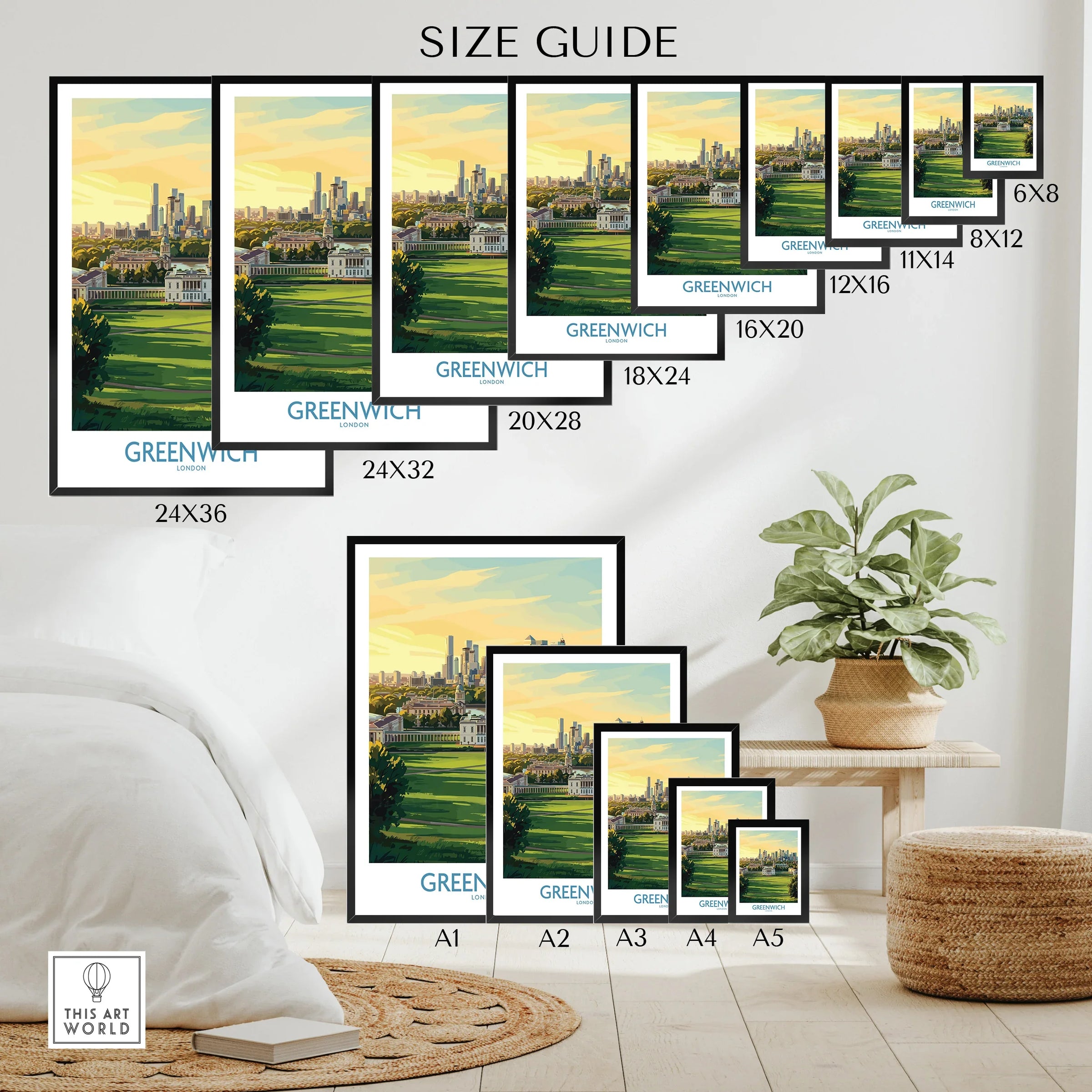 Greenwich London skyline art print size guide with various poster and print dimensions displayed in a modern bedroom setting.