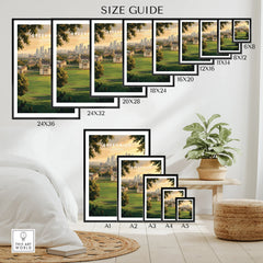 Wall art poster size guide showing Greenwich London cityscape print in various frame sizes.