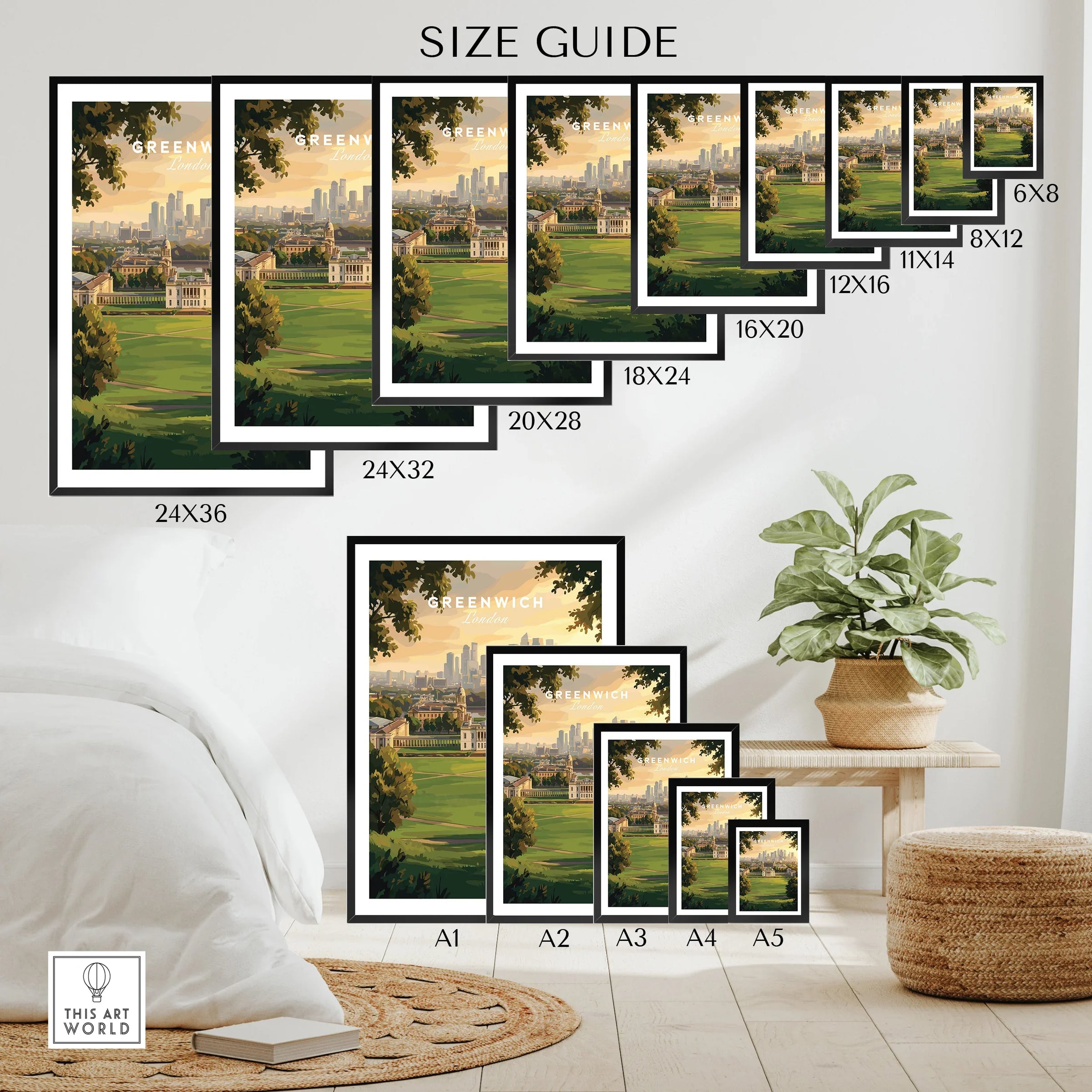 Wall art poster size guide showing Greenwich London cityscape print in various frame sizes.