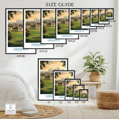 Wall art poster size guide showing Greenwich London city skyline landscape print in various frame sizes, styled in modern home decor setting.