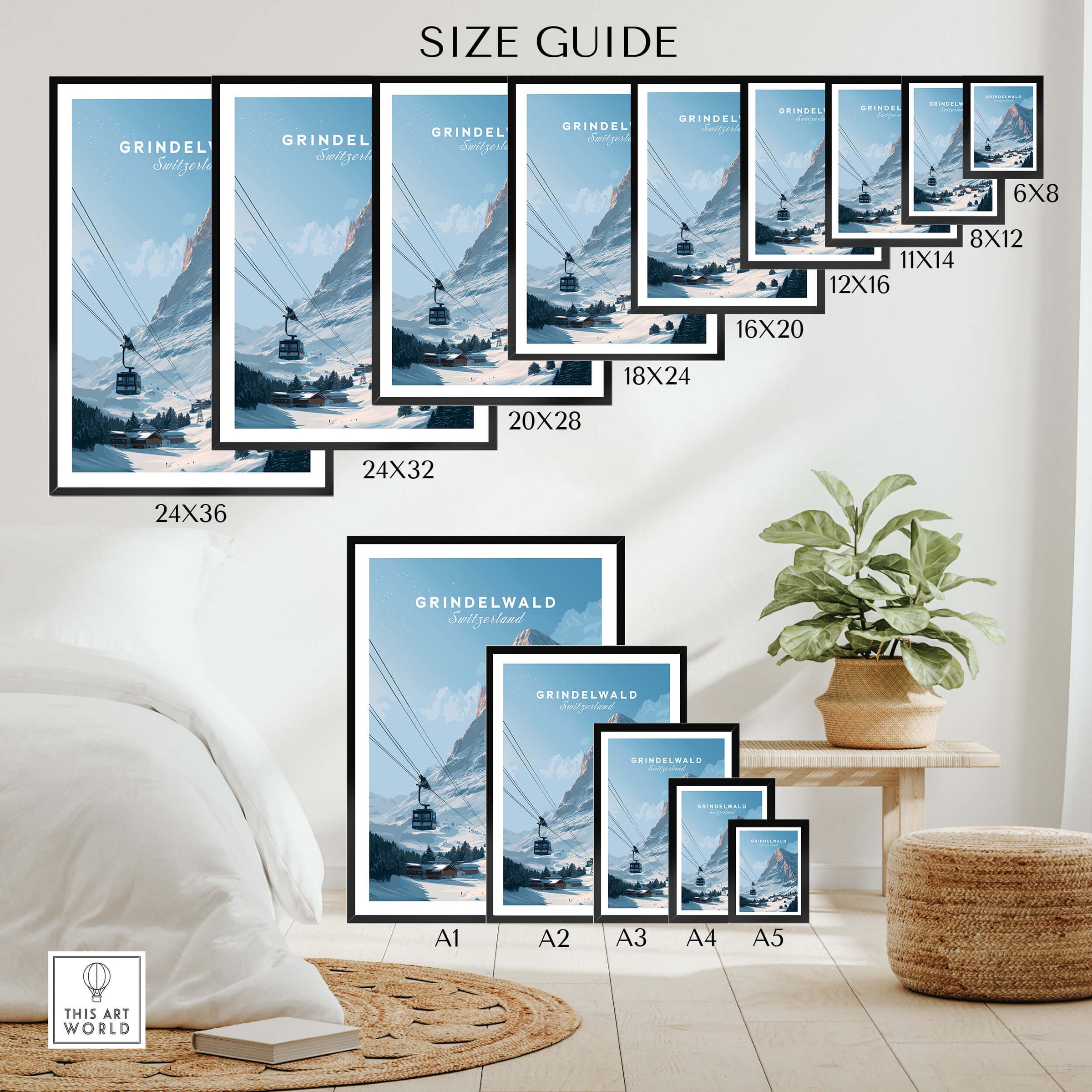 Grindelwald Switzerland Wall Art Print | Alpine Cable Car Travel Posters size guide showcasing various print dimensions.