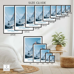 Grindelwald Switzerland Poster | Snowy Alps Mountain Scene Canvas Print size guide with various frame options.
