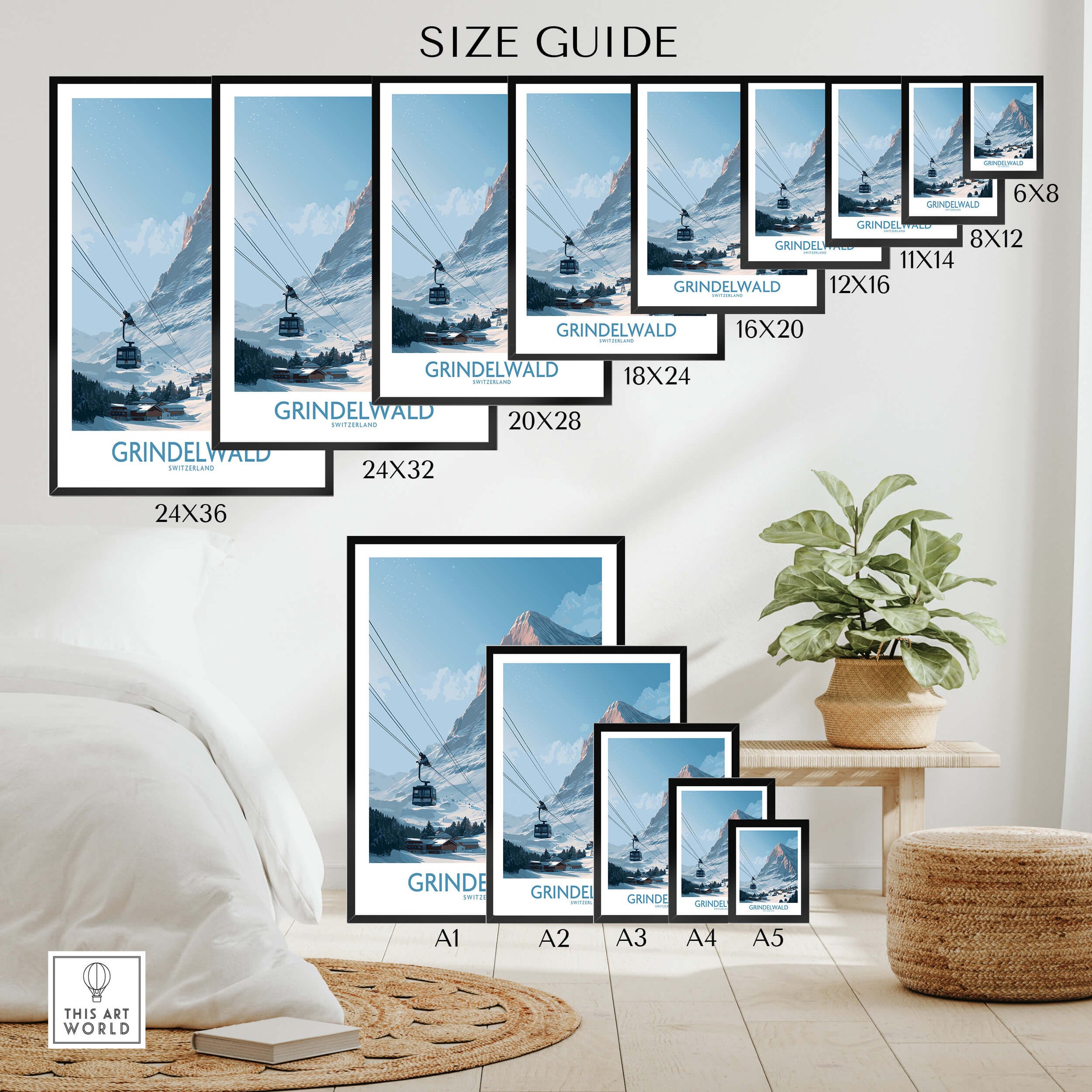 Grindelwald Switzerland Poster | Snowy Alps Mountain Scene Canvas Print size guide with various frame options.