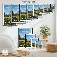 Grindelwald Switzerland Travel Poster | Alpine Wildflower Meadow Wall Art Print size guide showcasing multiple frame sizes.