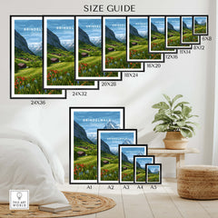Grindelwald Switzerland Wall Art Print | Summer Alps Nature Travel Posters size guide featuring various frame sizes.