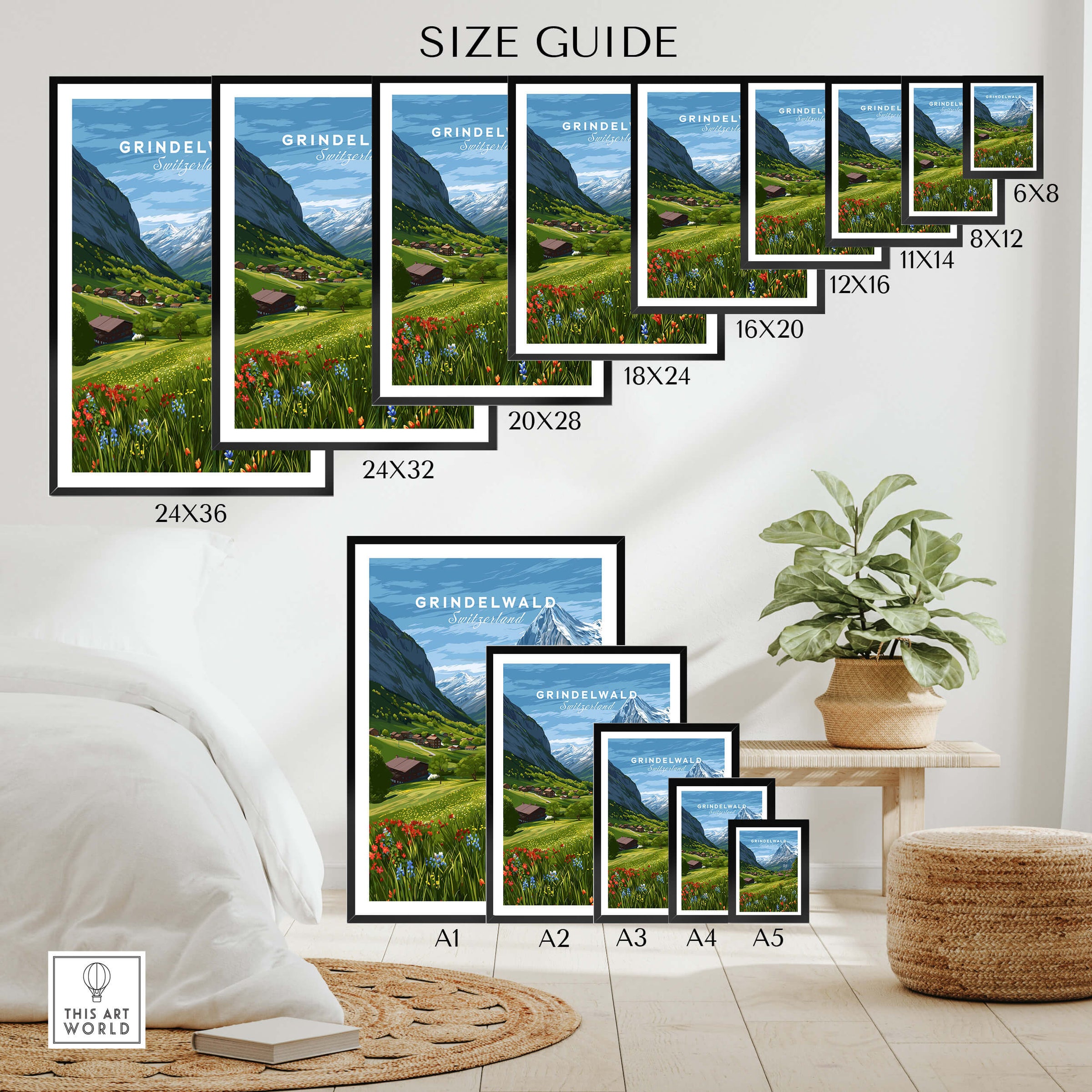 Grindelwald Switzerland Wall Art Print | Summer Alps Nature Travel Posters size guide featuring various frame sizes.