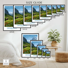 Grindelwald Switzerland Posters | Lush Green Mountain Valley Canvas Print size guide showcasing various dimensions.