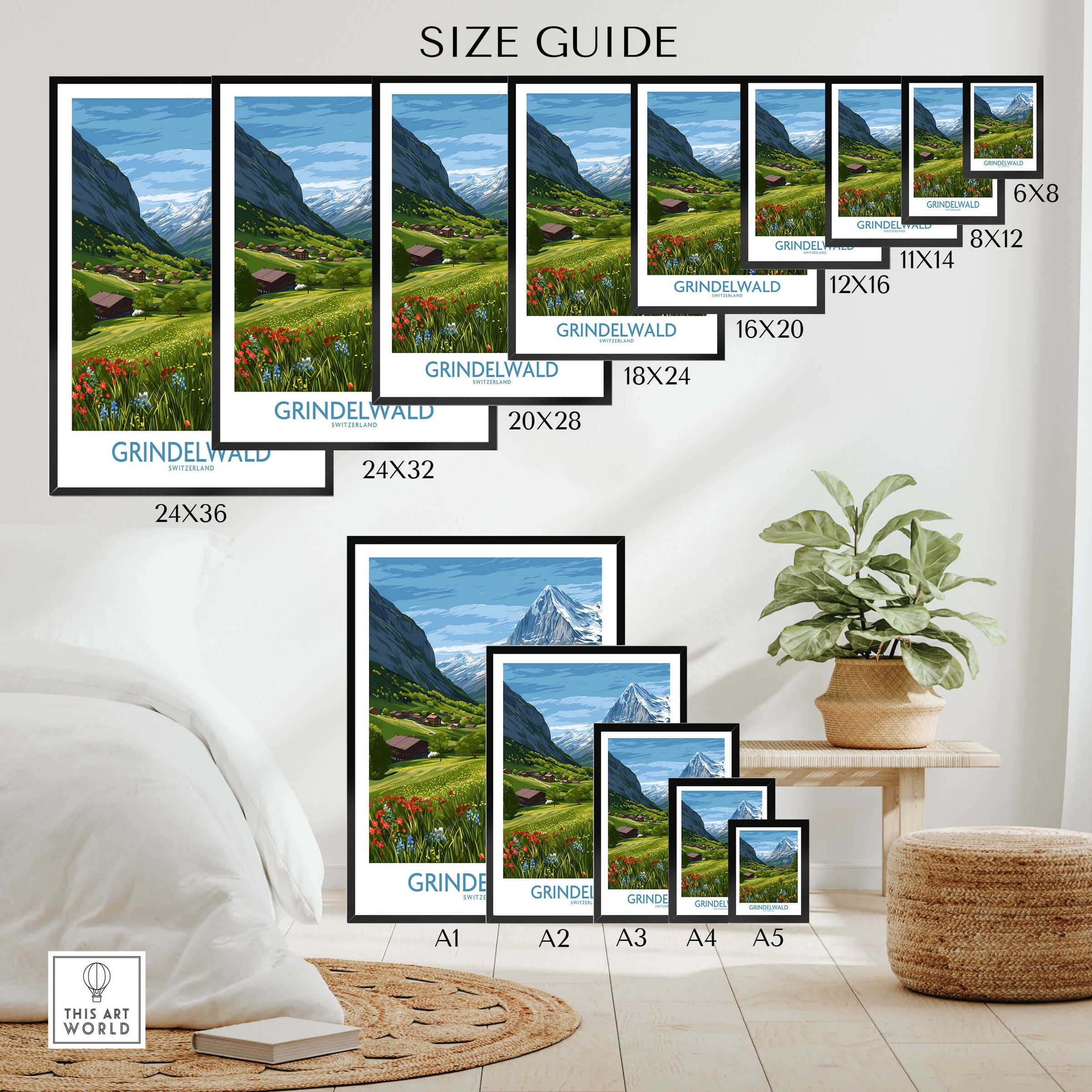 Grindelwald Switzerland Posters | Lush Green Mountain Valley Canvas Print size guide showcasing various dimensions.