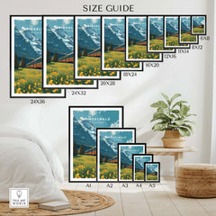 Grindelwald Switzerland Travel Poster | Iconic Mountain Railway Wall Art Print size guide showcasing various frame options.