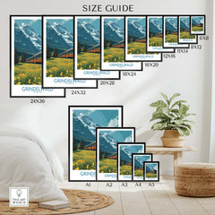 Grindelwald Switzerland Canvas Print | Swiss Alps Train Railway Scene Poster Size Guide with various frame sizes.