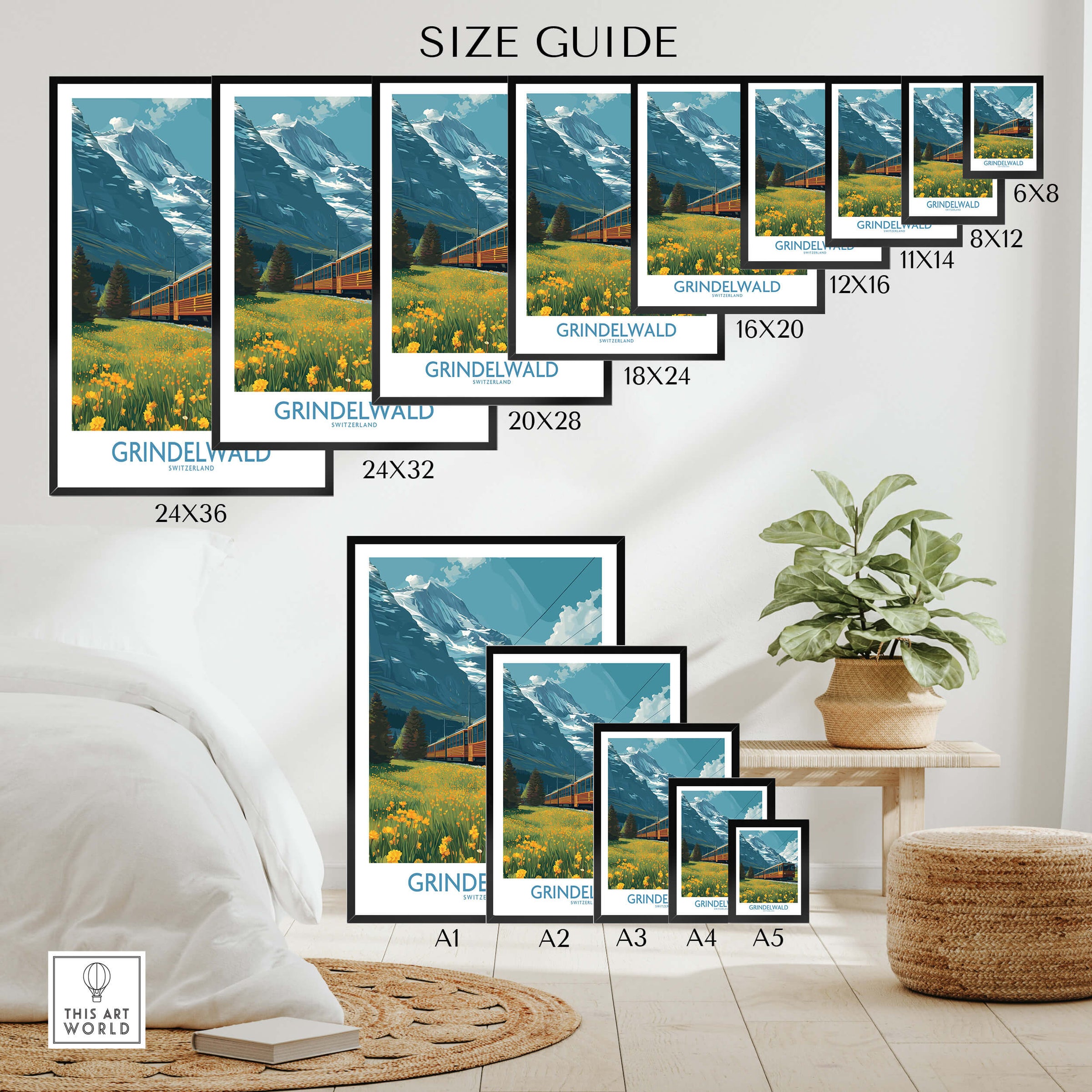 Grindelwald Switzerland Canvas Print | Swiss Alps Train Railway Scene Poster Size Guide with various frame sizes.