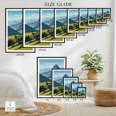 Gruyères Switzerland Travel Poster | Mountain Landscape Wall Art Print size guide showcasing various frame dimensions.
