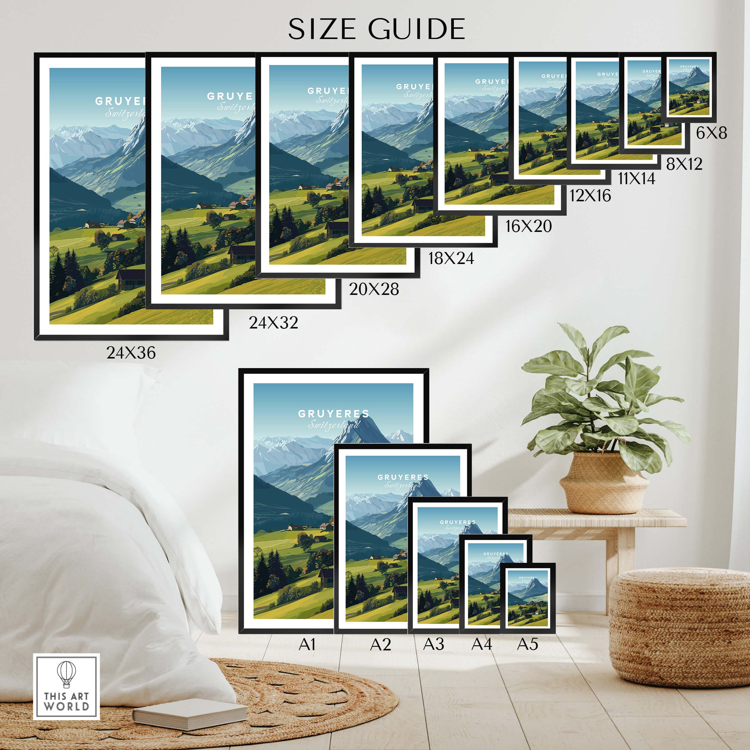 Gruyères Switzerland Travel Poster | Mountain Landscape Wall Art Print size guide showcasing various frame dimensions.
