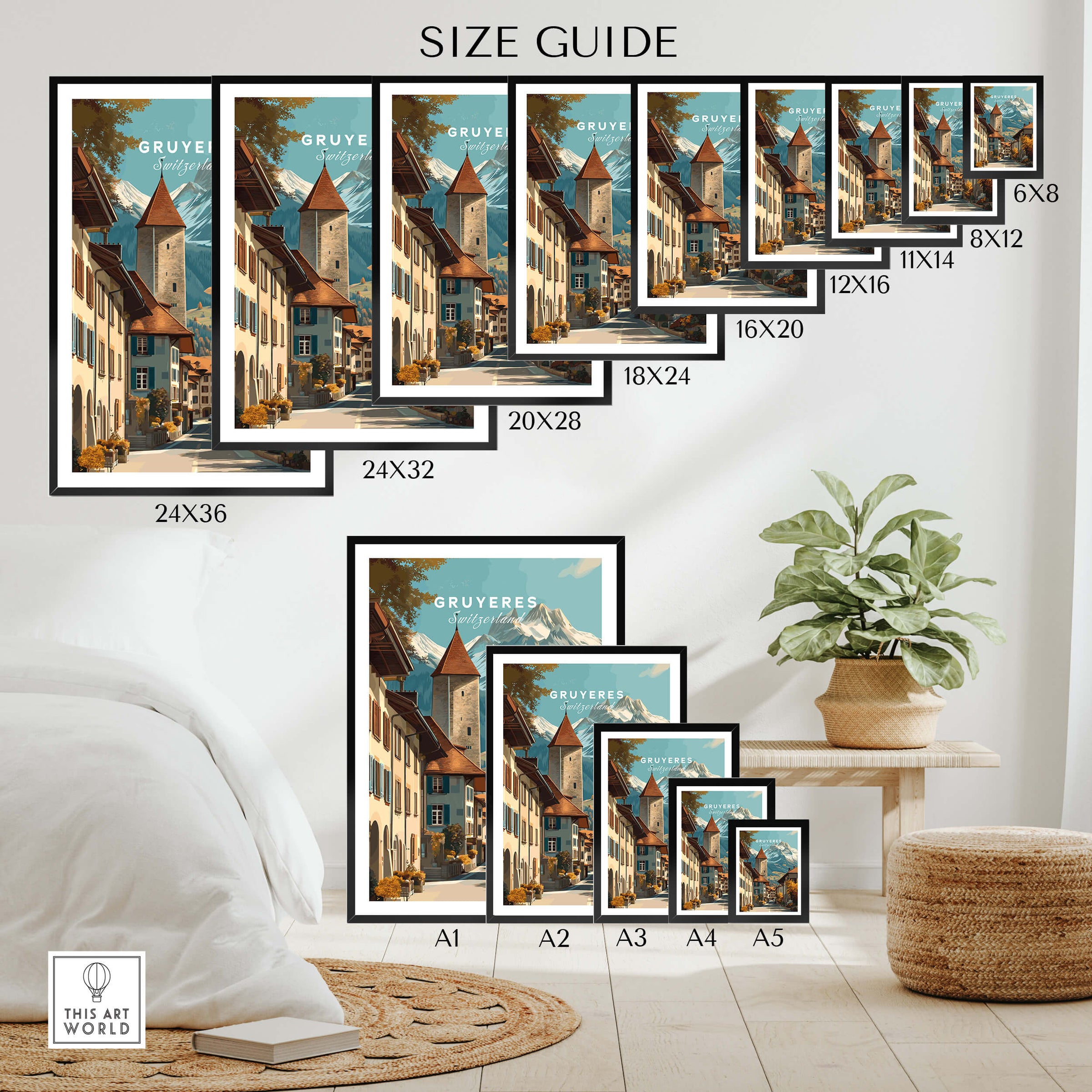 Gruyères Switzerland Wall Art Print | Swiss Travel Poster size guide showcasing various frame sizes and styles.