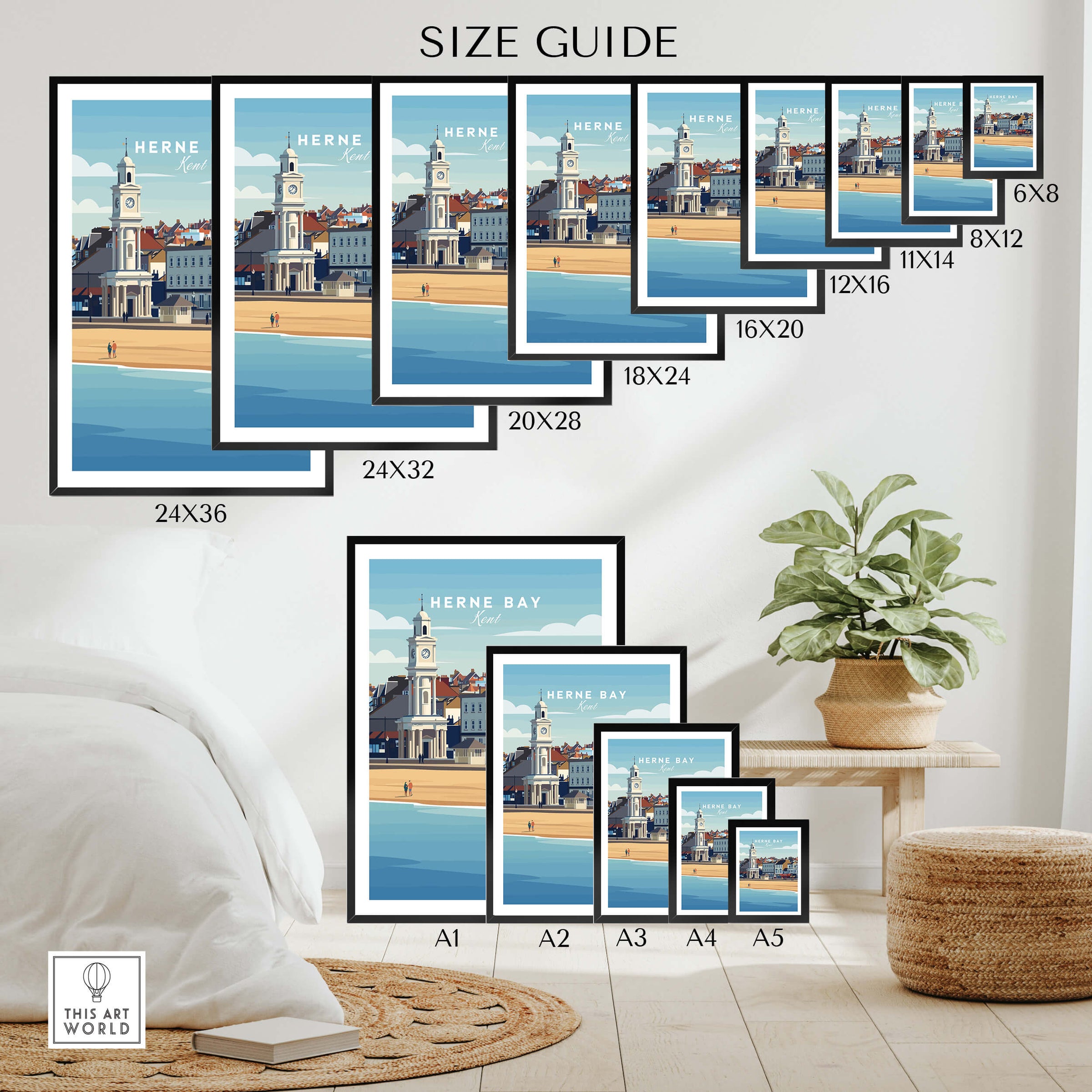 Herne Bay Kent Wall Art Print | British Travel Poster size guide showing various frame sizes and dimensions.