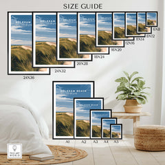 Holkham Beach Norfolk Travel Poster | Serene Beach Pathway Wall Art Print size guide showcasing various frame options.