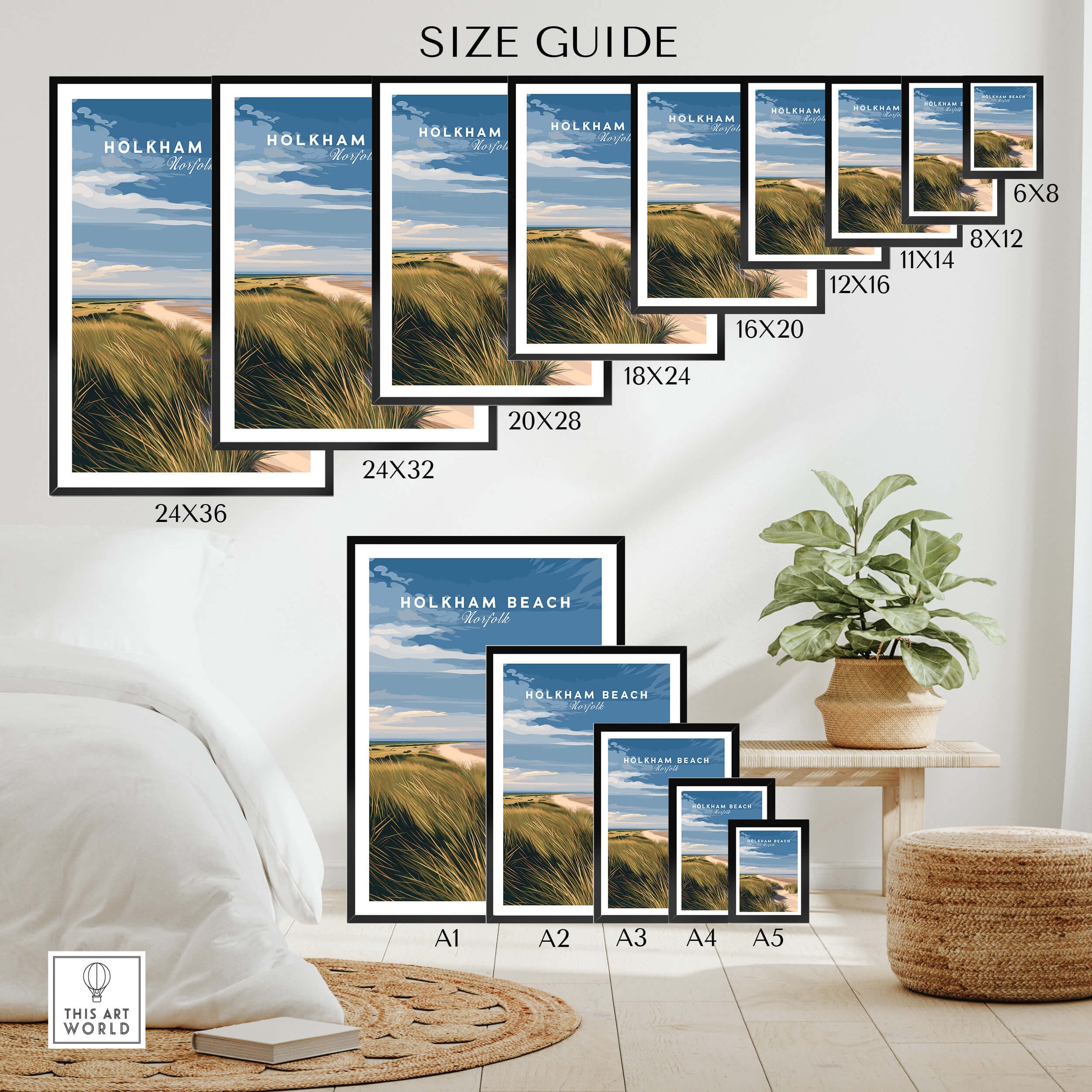 Holkham Beach Norfolk Travel Poster | Serene Beach Pathway Wall Art Print size guide showcasing various frame options.