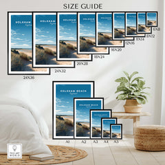 Holkham Beach Norfolk Wall Art Print | British Beach Travel Poster size guide with various frame options.