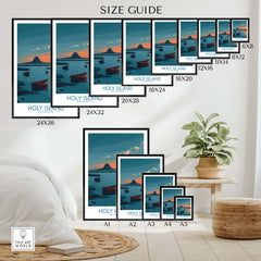 Holy Island Northumberland Poster | Coastal Castle Sunset Canvas Print size guide with various frame dimensions.