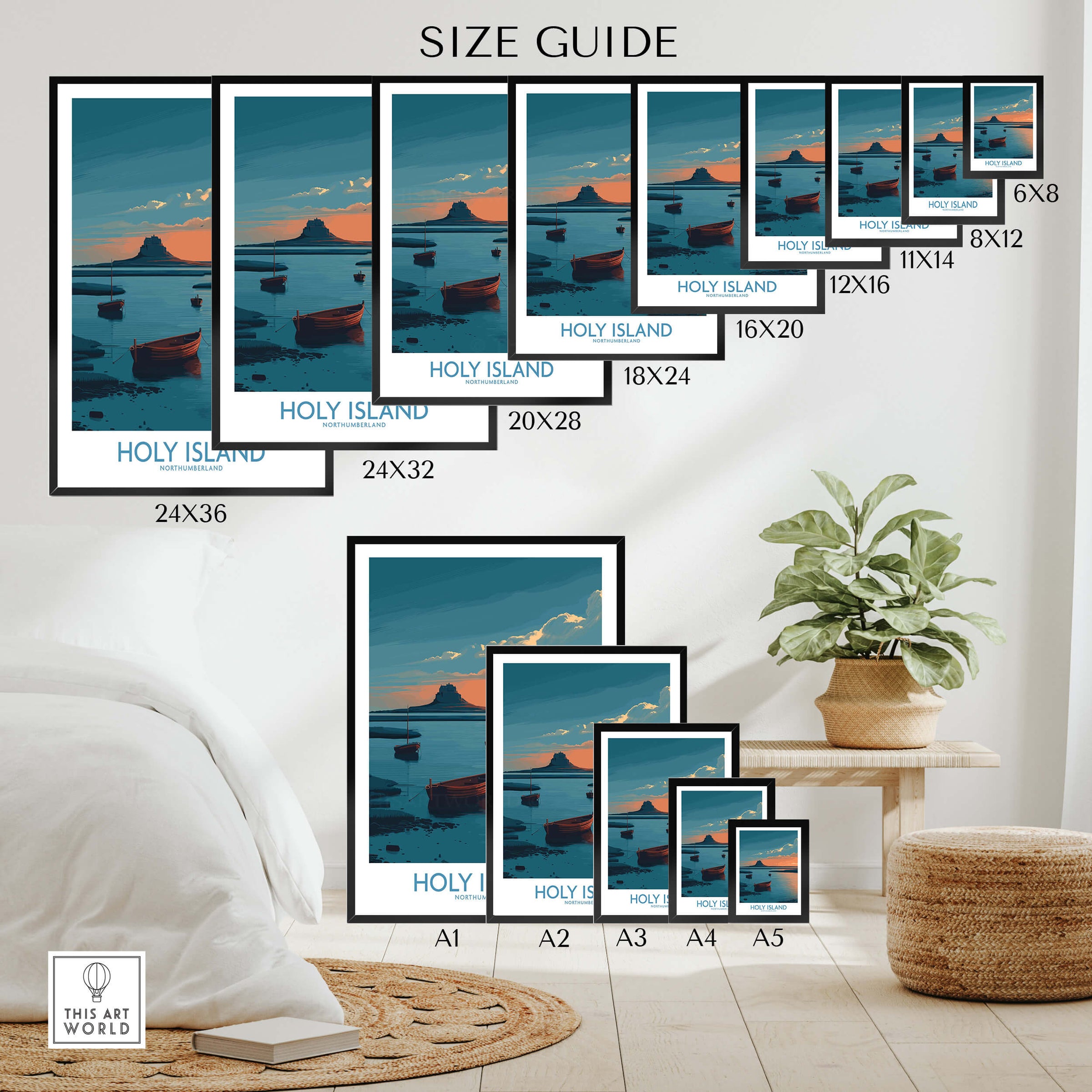 Holy Island Northumberland Poster | Coastal Castle Sunset Canvas Print size guide with various frame dimensions.