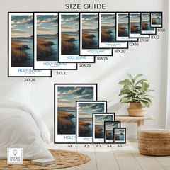Holy Island Northumberland Poster | Historic England Coast Canvas Print size guide with various frame dimensions.