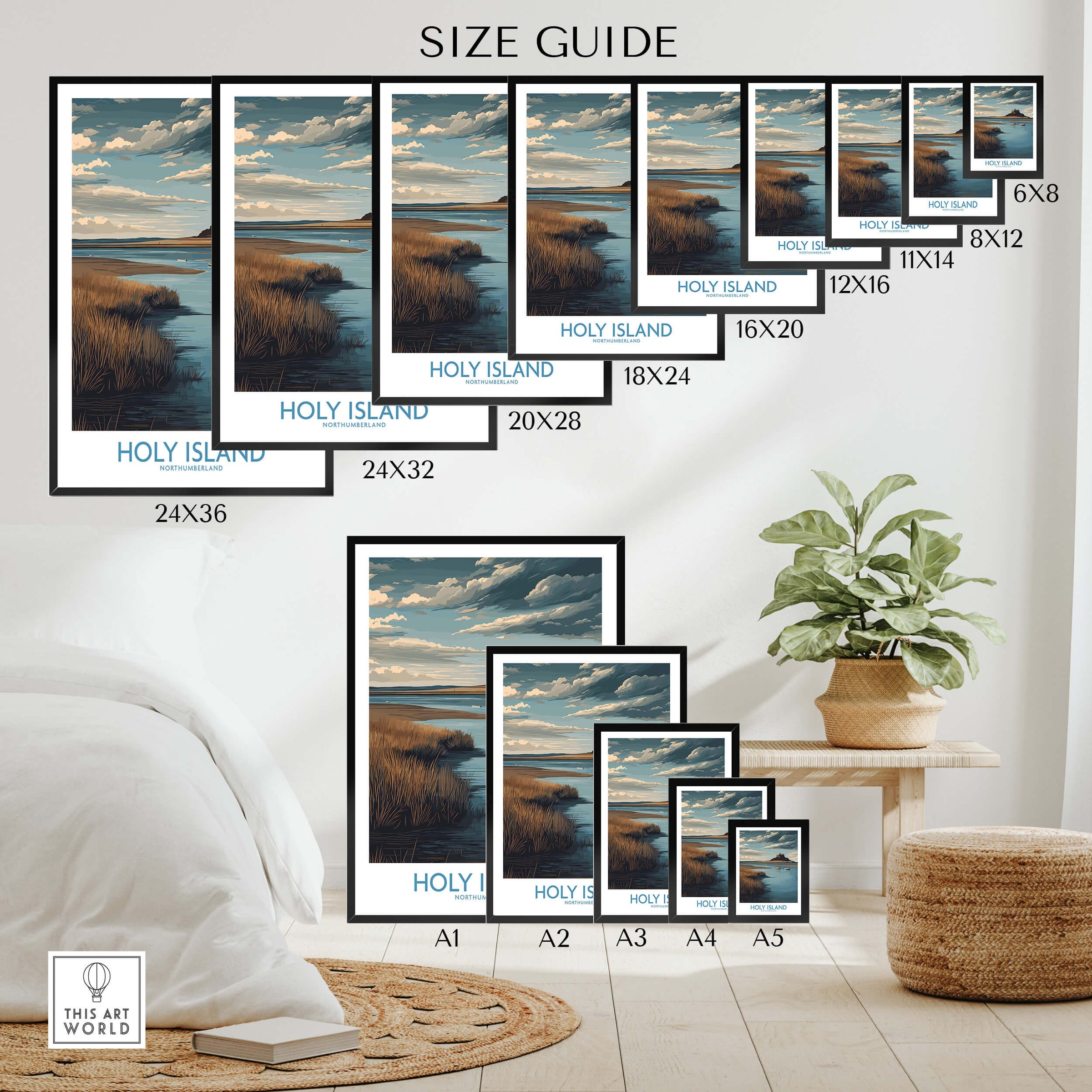Holy Island Northumberland Poster | Historic England Coast Canvas Print size guide with various frame dimensions.