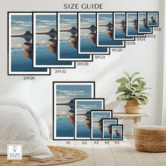 Holy Island Northumberland Wall Art Print | Serene Boat Scene Travel Poster size guide showing framing options.