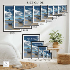 Holy Island Travel Poster Northumberland | Coastal Landscape Wall Art Print size guide showcasing various frame dimensions.