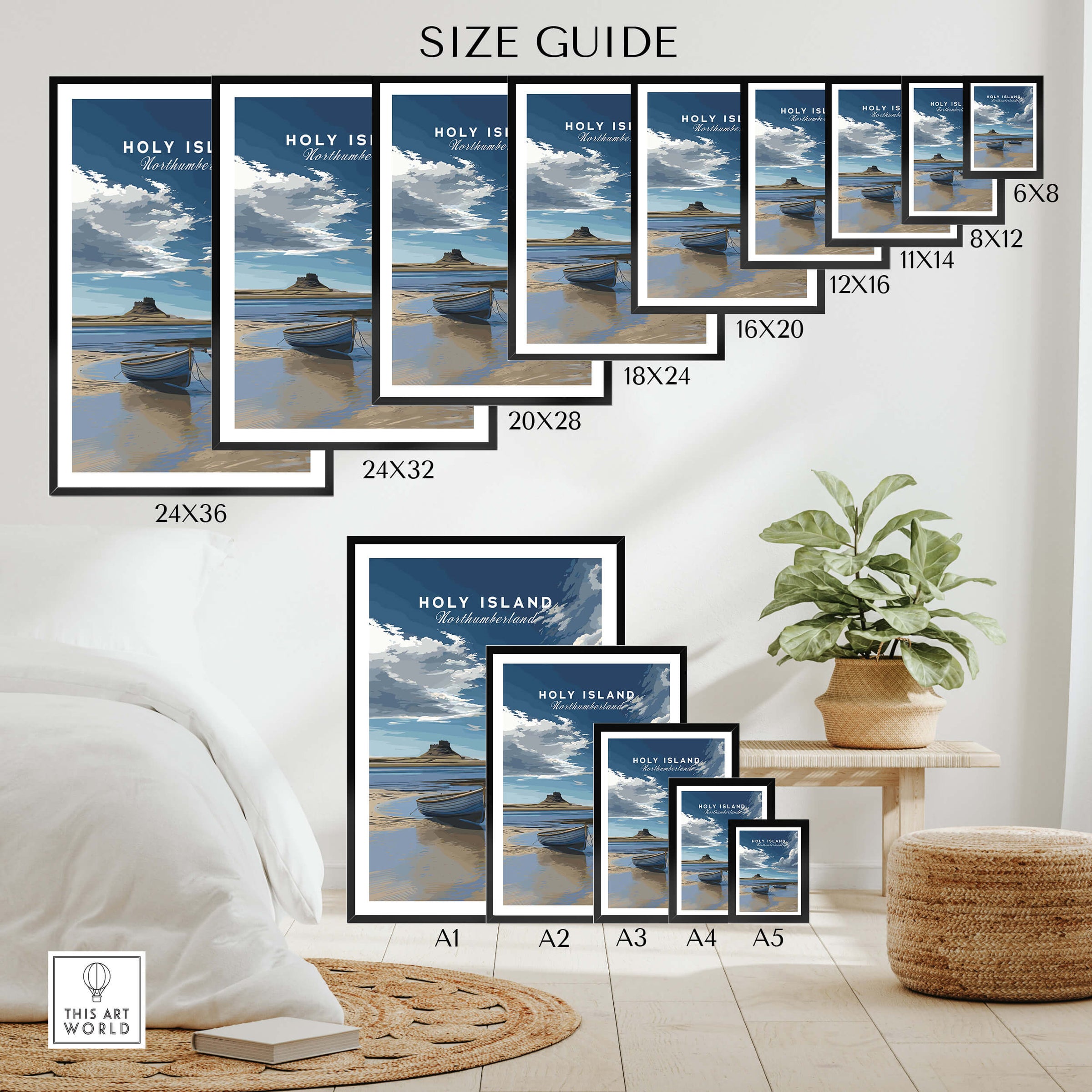 Holy Island Travel Poster Northumberland | Coastal Landscape Wall Art Print size guide showcasing various frame dimensions.