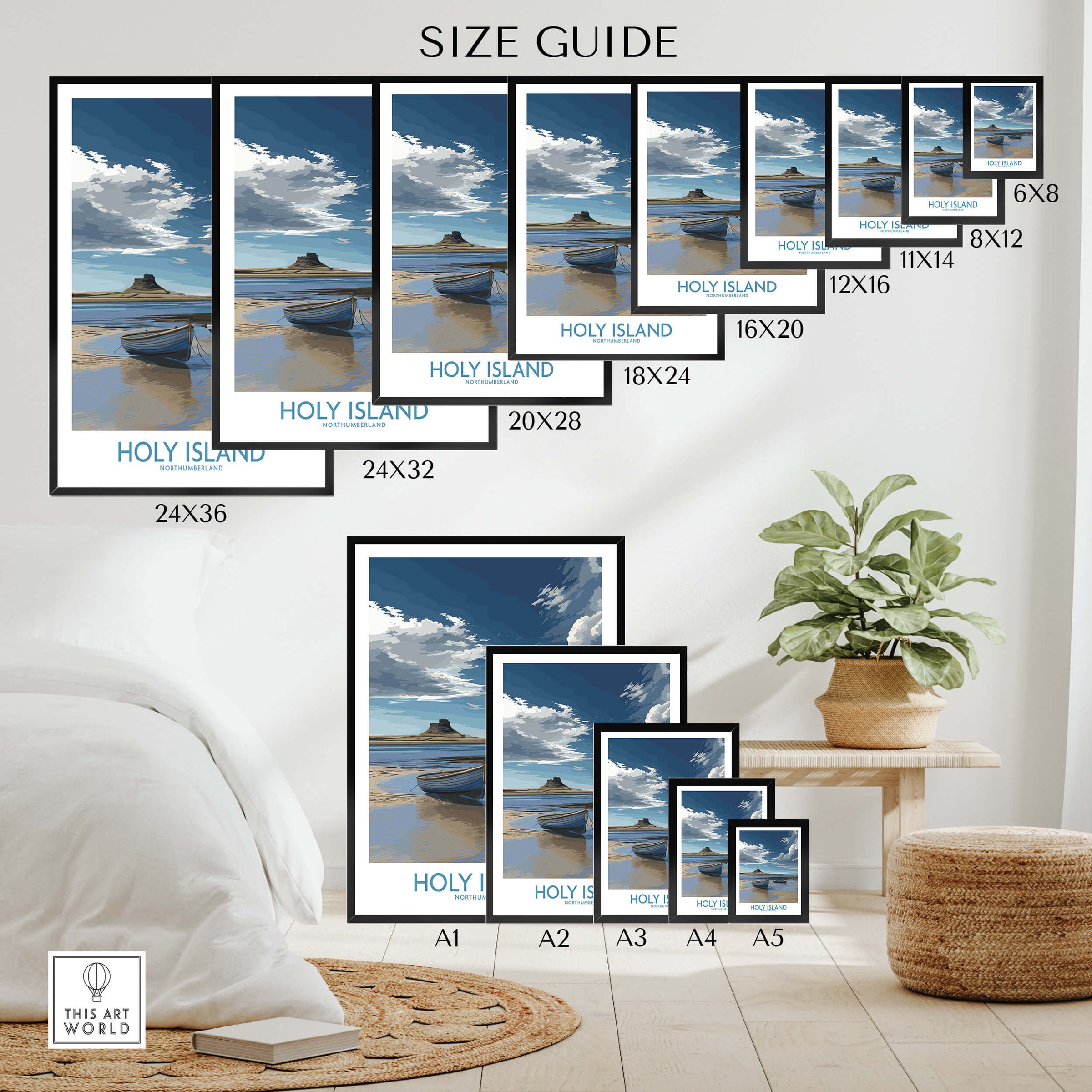 Holy Island Northumberland Poster | North Sea Coast Canvas Print size guide in various frames and dimensions.