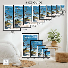 Honeymoon Island Wall Art Print | Florida Tropical Beach Travel Poster size guide with various frame sizes.