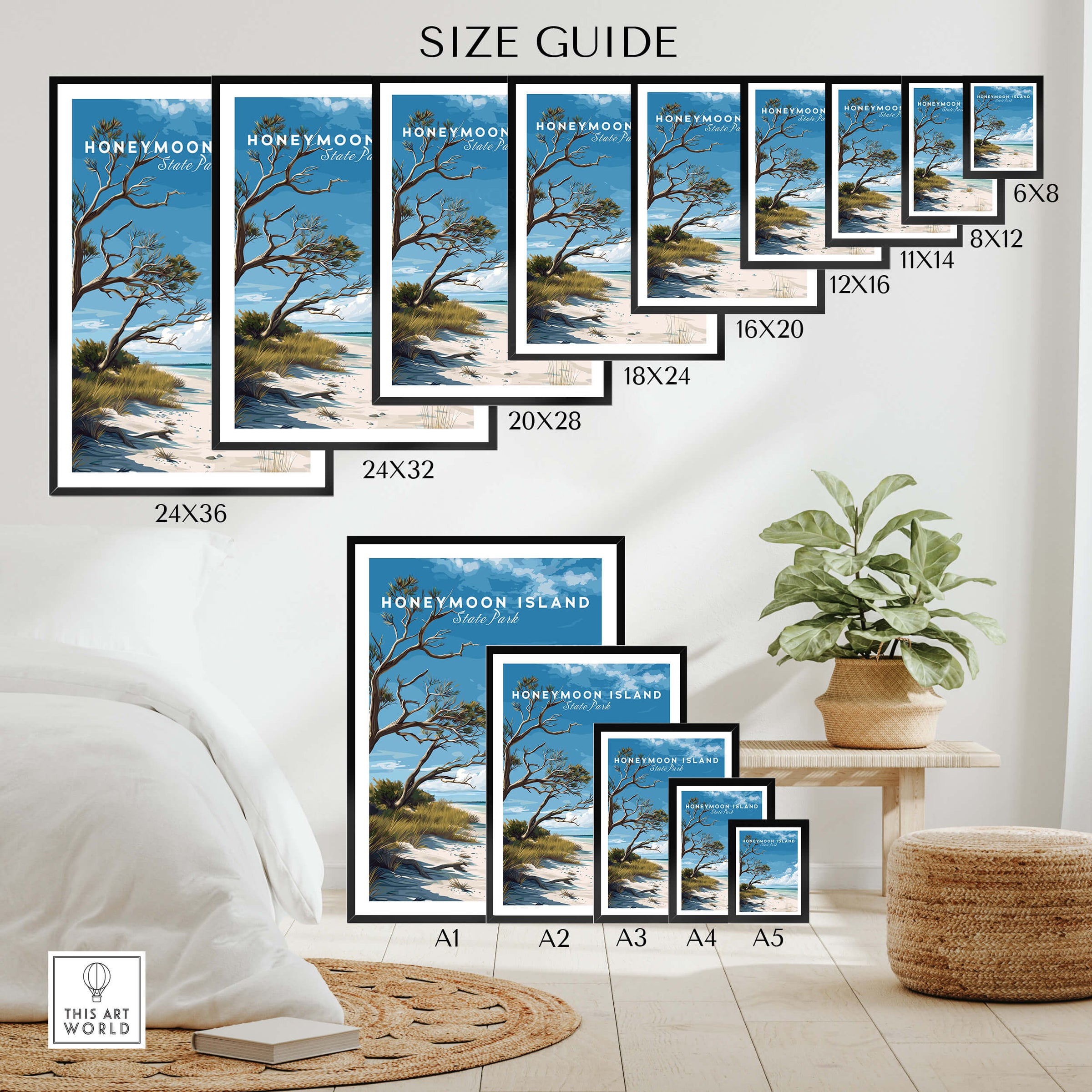 Honeymoon Island Wall Art Print | Florida Tropical Beach Travel Poster size guide with various frame sizes.